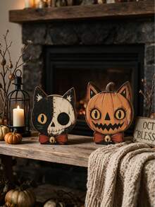 6pcs/1pc Vintage Halloween Indoor Decor, 15cm/5.91in Halloween Cat Wooden Shelf Decor Blocks, Skull, Black Cat, Primitive Style Halloween Decoration, Housewarming Gift, Gothic Style Wooden Cat Head, Handmade Distressed Antique Skull Cat Head, Indoor Decoration, Vintage Wooden Block Shelf Decor, 6 Styles Available, Collectible Figurines - Multicolor - View 12