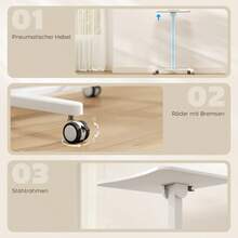 Escritorio de pie ajustable en altura, con ruedas y bandeja para teclado, estructura de acero, color blanco. - Blanco + Madera - Ver 8
