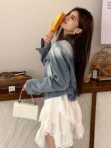 Jaket Pendek Denim Baru Longgar Gaya Vintage Elegan Atasan Kasual Wanita - Biru - View 3