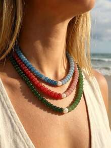 1pc European & American Bohemian Round Flat Geometric Natural Stone Cracked Effect Mixed Color Beaded Short Necklace With Freshwater Pearl And Stainless Steel Accessories, Summer Beach Vacation Wear - Stone Bead Stainless Steel Necklace - View 2