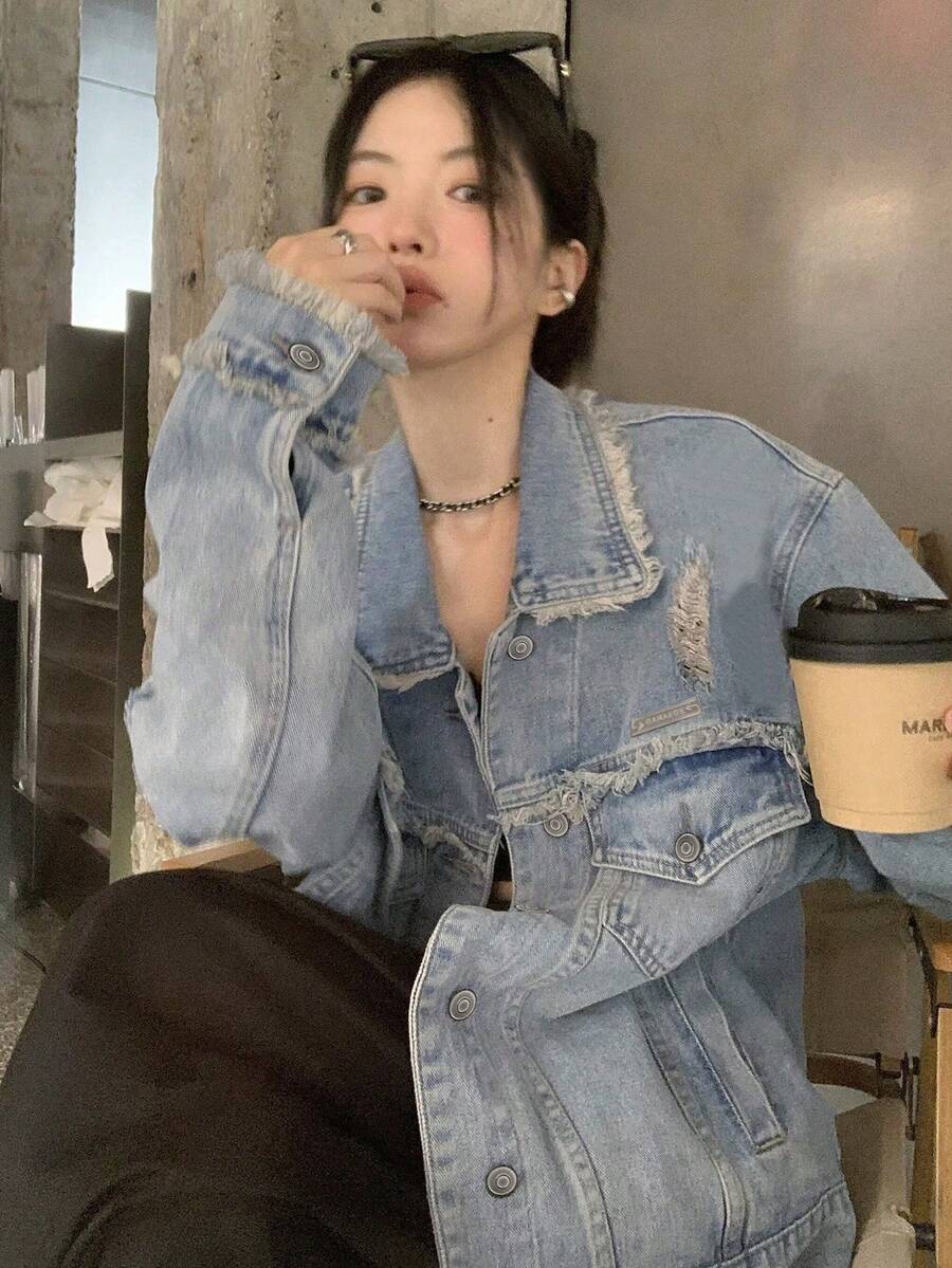 Women's Frayed Hem Drop Shoulder Long Sleeve Denim Jacket - Light Wash - View 1