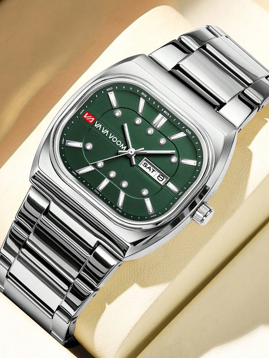 VA VA VOOM 男士原裝腕錶 40mm 方形錶殼 雙日曆錶盤 雙色不鏽鋼錶帶 螢光刻度 奢華商務風 3Bar 防水 適合男士節日禮物、日常通勤裝飾、正式場合穿搭、戶外運動