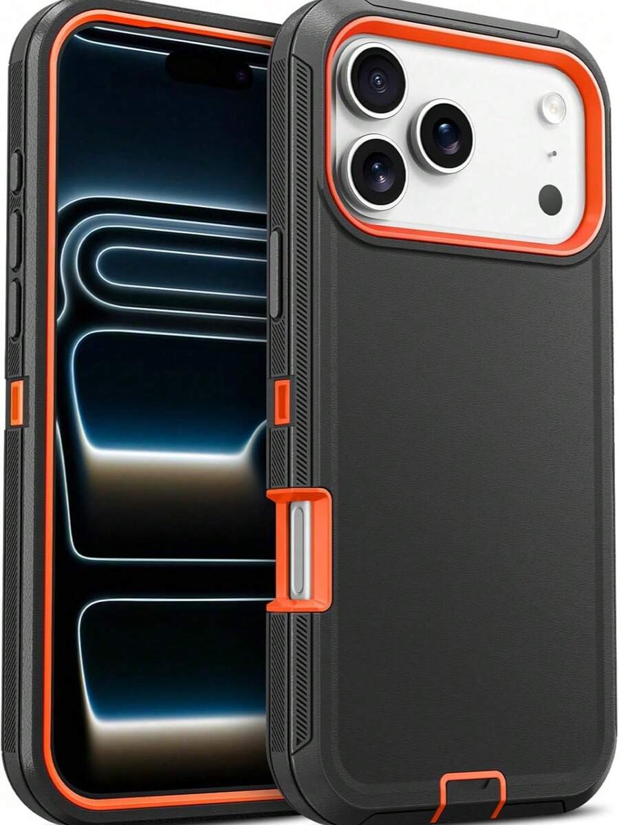 適用於 iPhone 17 Pro Max 5G 6.9 吋的重型雙層防震防摔保護手機殼，附接口防塵防刮裝甲背殼，黑色/橘色。3合1重型保護手機殼 [防震] [防摔] [防滑] 多層保護手機殼，為您的行動裝置提供強效保護 - 黑橙 - 查看 1