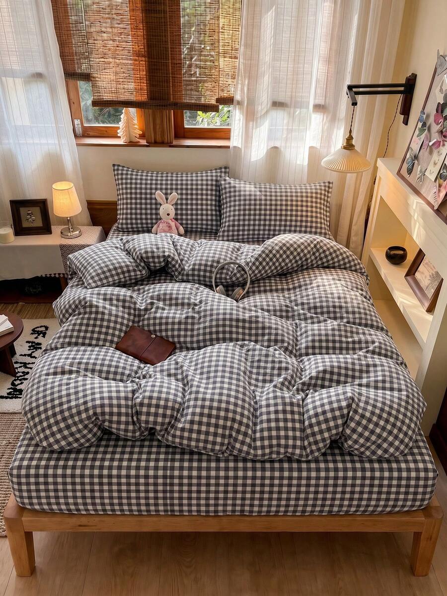 2/3pcs Gray Plaid Duvet Cover Set, No Filling, Breathable Super Soft All-Season (1 Duvet Cover + 1/2 Pillowcases, No Pillow Inserts), Soft Bedding Set, Suitable For Bedroom, Back To School Dorm Bedding - Grey - View 1