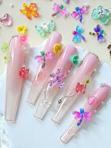 1 Box Spring Summer 3D Nail Charms Set, Colorful Resin Flower Dragonfly Butterfly, Silver Moon Alloy, Heart Rhinestone Bow, Mixed Kawaii Y2K Manicure Decorations, DIY Nail Art Accessories For Nail Salon & Home Nail Design - Multicolor - View 7
