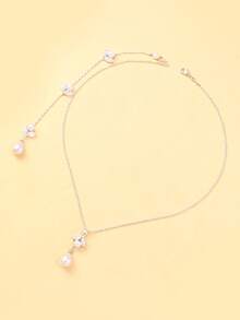 outingfit 1pc Gold Zirconia Leaf Pearl Back Necklace, Bridal Wedding Dress Backless Dress Water Drop Pendant Back Chain Body Accessory - Geometric - View 6