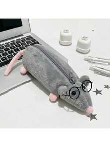 Mouse Shape Plush Pencil Case With Glasses Stationery Storage Bag Office Desktop Organizer For Students Teens,Office Supplies,School Supllies - Slimming Mouse Pencil Case + Wire Glasses - View 6