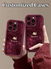 夢幻紫色金脈流體藝術白邊客製化個性化草寫姓名手機殼，獨特手寫浪漫美學防震保護殼，適用所有手機機型 - 酒紅色 - 查看 3