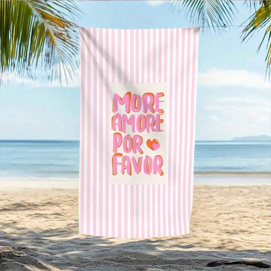 粉色與白色垂直條紋 MORE AMORE POR FAVOR 字母與愛心印花超細纖維沙灘浴巾,吸水快乾無毛屑,適用沙灘、游泳、度假 - A - 查看 1