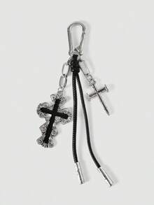 Vintage Carved Cross Keychain, Dark Aesthetic Distressed Silver Pendant, Punk Style Rope Knot Bag Charm, Niche Subculture Accessory - Multicolor - View 1