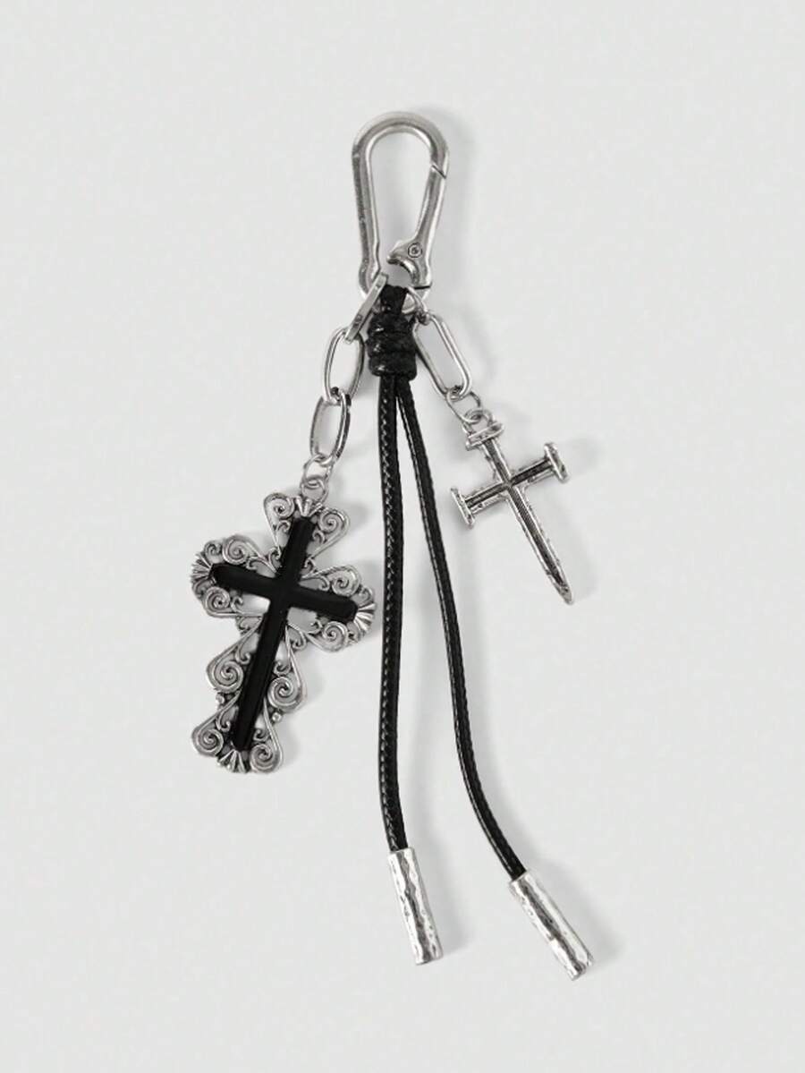 Vintage Carved Cross Keychain, Dark Aesthetic Distressed Silver Pendant, Punk Style Rope Knot Bag Charm, Niche Subculture Accessory - Multicolor - View 1