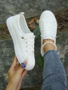 {One Size Larger Than Standard Order One Small}Women Plus Size White Sneakers, Fashion Flat Platform Casual Lace-Up Tennis Shoes, Versatile Student/S - 3103 White Upgraded Model - View 5
