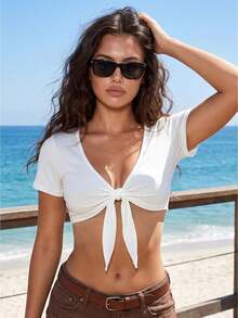 Women V Neck Crop Tops Solid Color Short Sleeve Slim Fit Tie Front T-Shirt - White - View 3