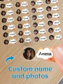 60 piezas Pegatinas transparentes personalizadas con nombre & foto - 25 estilos, Pegatinas transparentes impermeables personalizadas con etiquetas de nombre para jóvenes - Multicolor - Ver 8