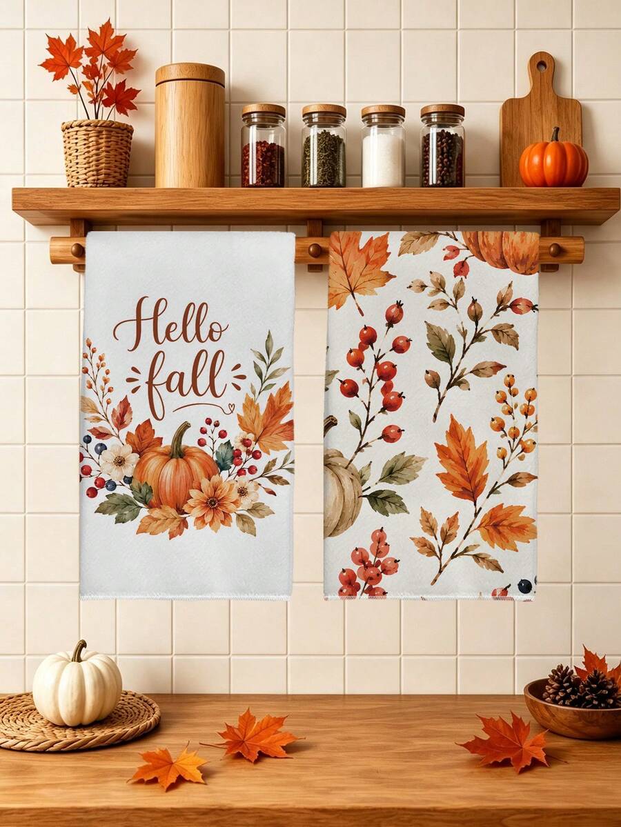 2件組廚房毛巾 秋季 Hello Fall 南瓜花環圖案印花 40*60cm 簡約風格長方形超細纖維廚房毛巾、洗碗布、桌布、手巾,感恩節廚房裝飾、家居裝飾、鄰居喬遷禮物,適用於廚房與浴室使用,適合家庭主婦與家庭聚會禮物,居家必需品 - 彩色 - 查看 1