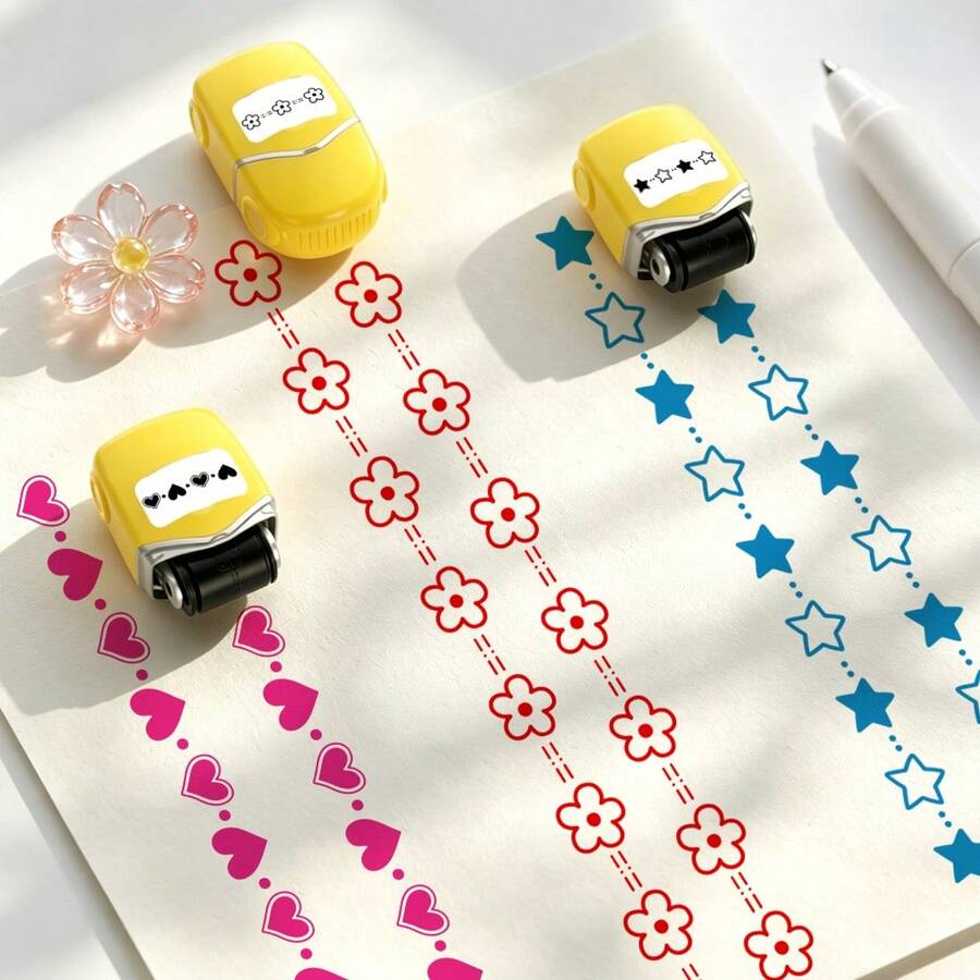 1pc 4-In-1 Multifunctional Roller Stamp For Journaling, Scrapbooking, Marking And Note-Taking - Self-Inking Roller Stamp With Heart, Flower And Star 3 Design Patterns To Choose From, Suitable For Note Partitioning, Journal Layout, Border Decoration, Easy To Operate, Creative, Reusable, Learning And Office Efficiency Tool, Back To School Season, Teacher Appreciation Season/ Must-Have Gift For Friends - Warm Yellow Automatic Ink Rolling Journal Stamp - View 1