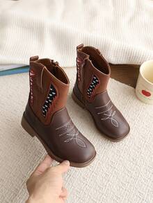 Western Cowboy Boots With Embroidery Side Zipper, Girls' Ankle Ankle Boots, Low Thick Heel Leather Princess Boots - Brown - View 1