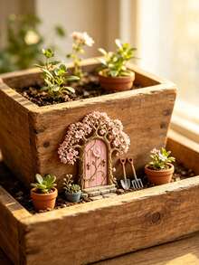 Pink Fairy Garden Door (2D), Realistic Mini Door, Suitable For Garden Decor, Miniature House Dollhouse, Desktop Decoration, Self-Adhesive, Small Wooden Door, Tree Trunk Flower Pot, Charming Fairy Tale Accessory, Waterproof, Suitable For Outdoor Use, Housewarming Gift - Garden Gate - View 4