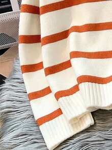 Sweater Rajut Bergaris Wanita dengan Resleting Baru untuk Musim Gugur/Dingin, Pullover Minimalis Modis, Serbaguna - Burnt Orange - View 7