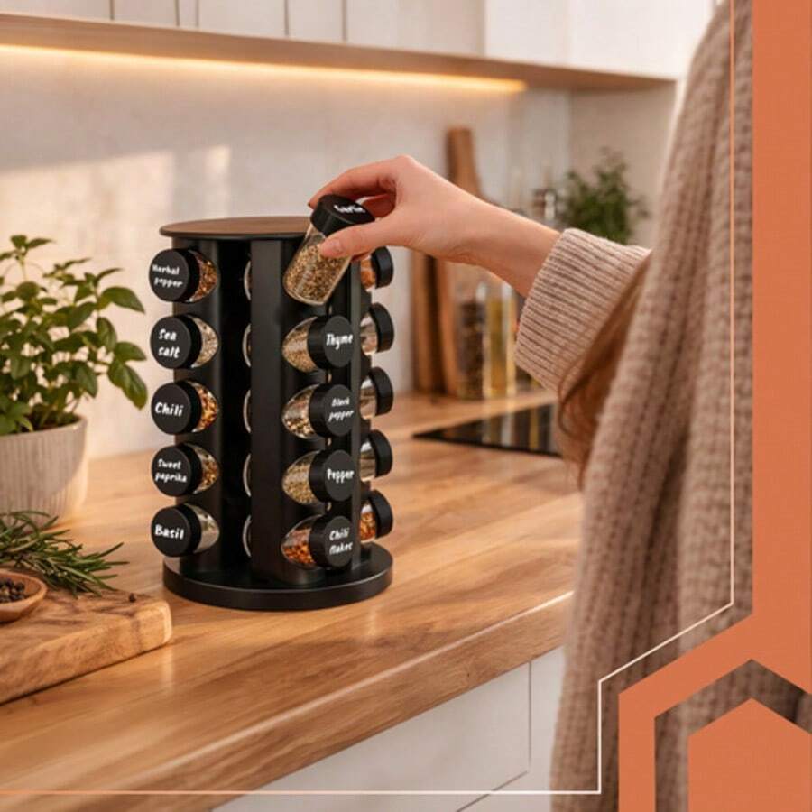 20-Jar Rotating Spice Rack Organizer | Glass Spice Jars Set With Labels, Funnel & Marker. 360° Revolving Countertop Spice Holder For Kitchen Storage. Clear Glass Bottles With Airtight Lids. Compact & Stylish Kitchen - View 1