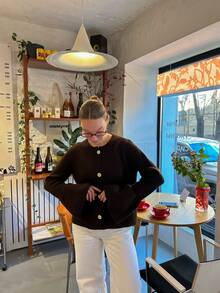 Dark Brown Round Neck Knit Cardigan For Women, Unique Flared Long Sleeve Design, Minimalist White Button Short Slim Fit, Spring/Autumn Gentle Slimming Outerwear Knit Sweater - Coffee Brown - View 3