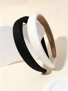 2PCS Women's Minimalist Solid Color Elegant Satin Hairbands With Embroidery Hair Clips For Face Washing And Hair Styling - Black and White - View 2