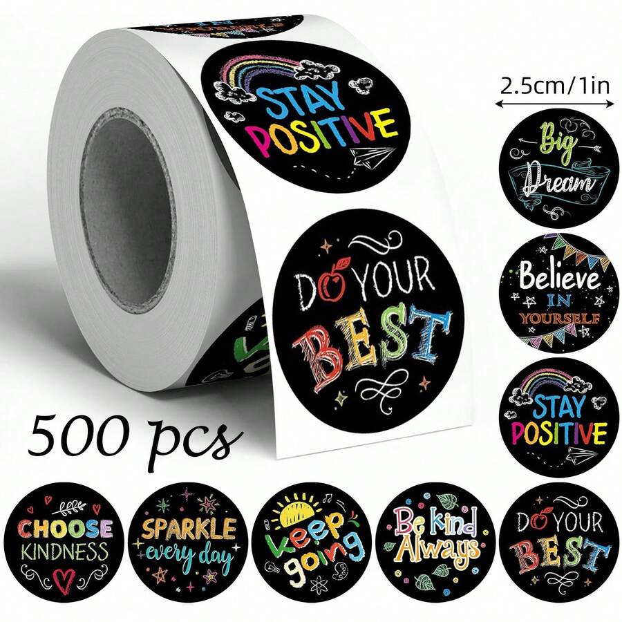500pcs Colorful Chalkboard Encouragement Doodle Stickers, 1 Inch Round, English Inspirational Quotes, Positive Belief, Suitable For Planner Scrapbook Letter DIY Decoration, Teacher Reward, Envelope Sealing Labels, PVC Self-Adhesive Stickers - Colorful Graffiti Encouragement - View 1