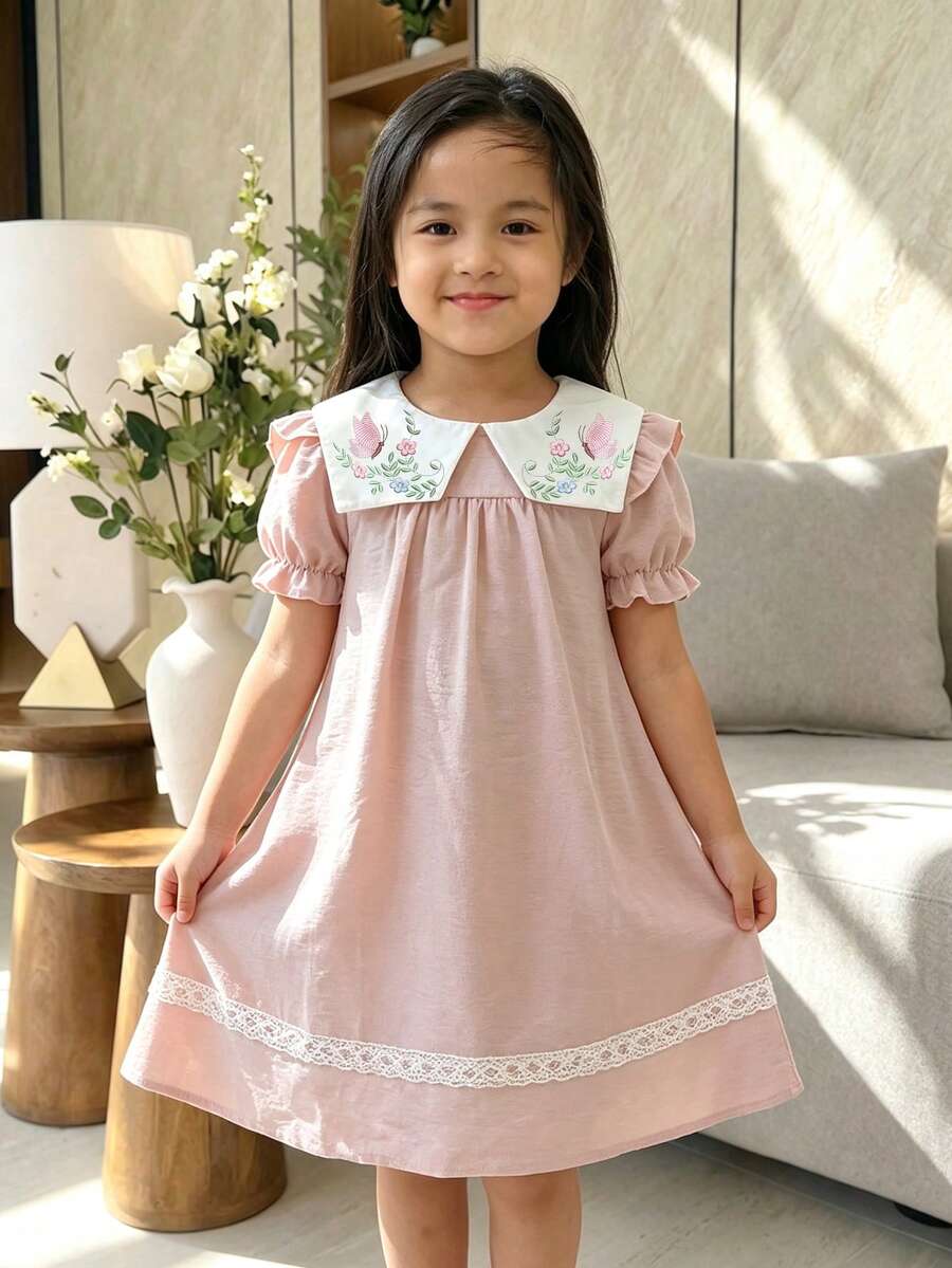 1件女童幼兒休閒蝴蝶與花卉印花柔軟舒適梭織布料荷葉邊花瓣袖洋裝,適合戶外穿著,春季/夏季 - 粉色 - 查看 1