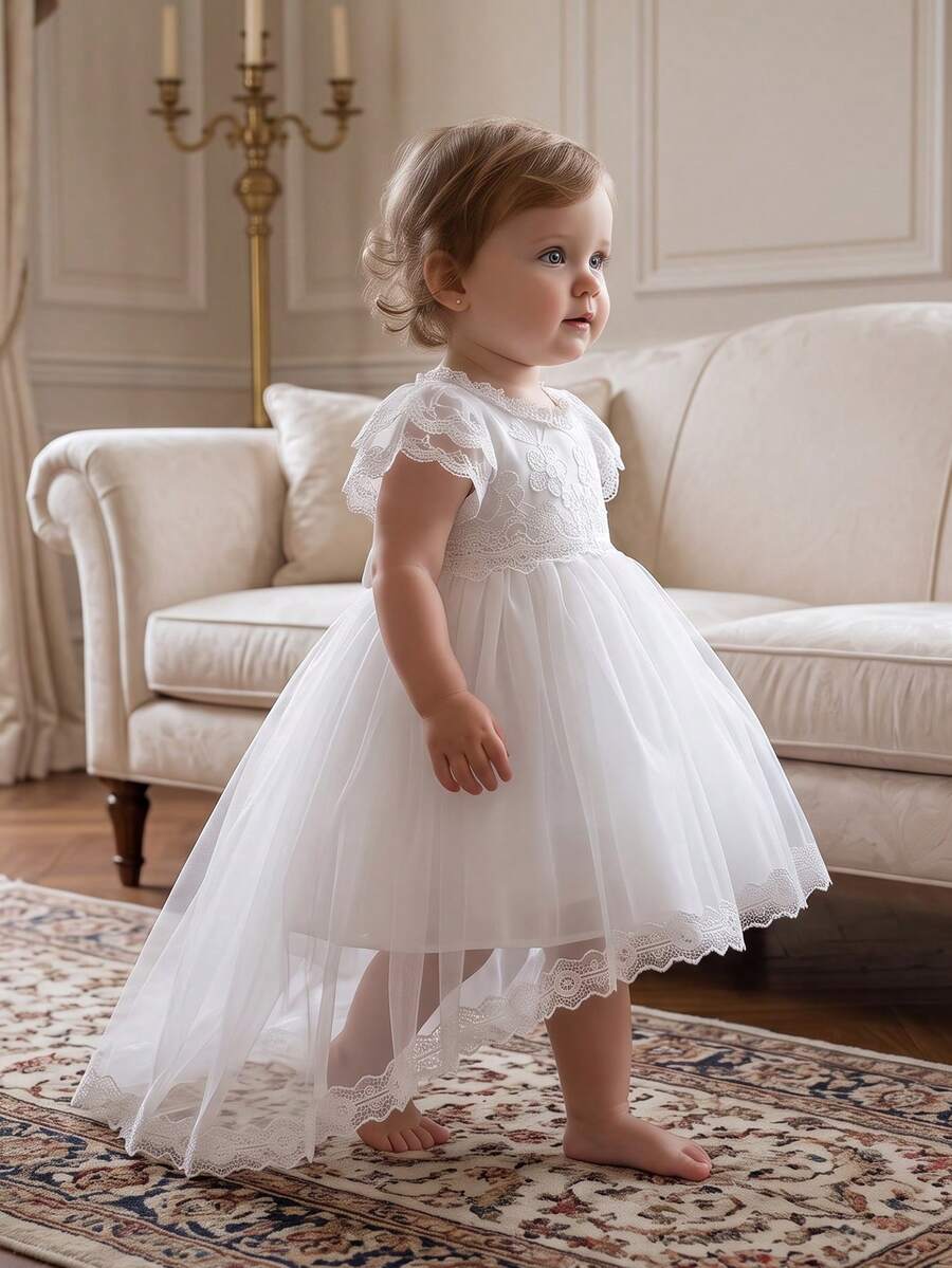 Baby Girls 0-2 Years White Short Front Long Back Puffy Mesh Dress For Birthday Wedding Flower Girl