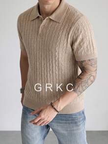 GRKC Men's Polo Shirt, Collared Short Sleeve Knitted Slim Fit Straight Leg Casual Style Solid Color Knit T-Shirt, Spring/Summer - Khaki - View 2
