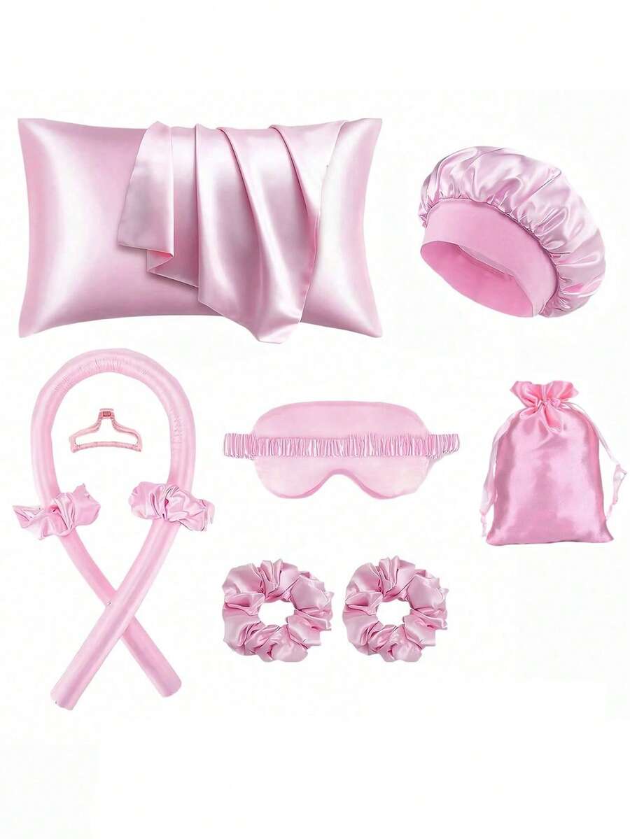10pcs Sleep Hairstyle Design Tool Set, 1pc Hair Curler, 1pc Silk Pillowcase, Suitable For Hair And Skin Queen Set, Silk Heatless Curl Set, Overnight Hair Curler, 1pc Soft Sleep Eye Mask - Multicolor - View 1