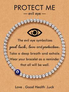 Evil Eye Lucky Protection Bracelet, Silver Beaded, Adjustable Elastic Cord, Minimalist Design, Gift For Mom, Grandma, Daughter, Sister - Suitable For Daily Occasions, All Seasons, Daily Wear Bracelet | Minimalist Bracelet | Elastic Bracelet - Black - View 1
