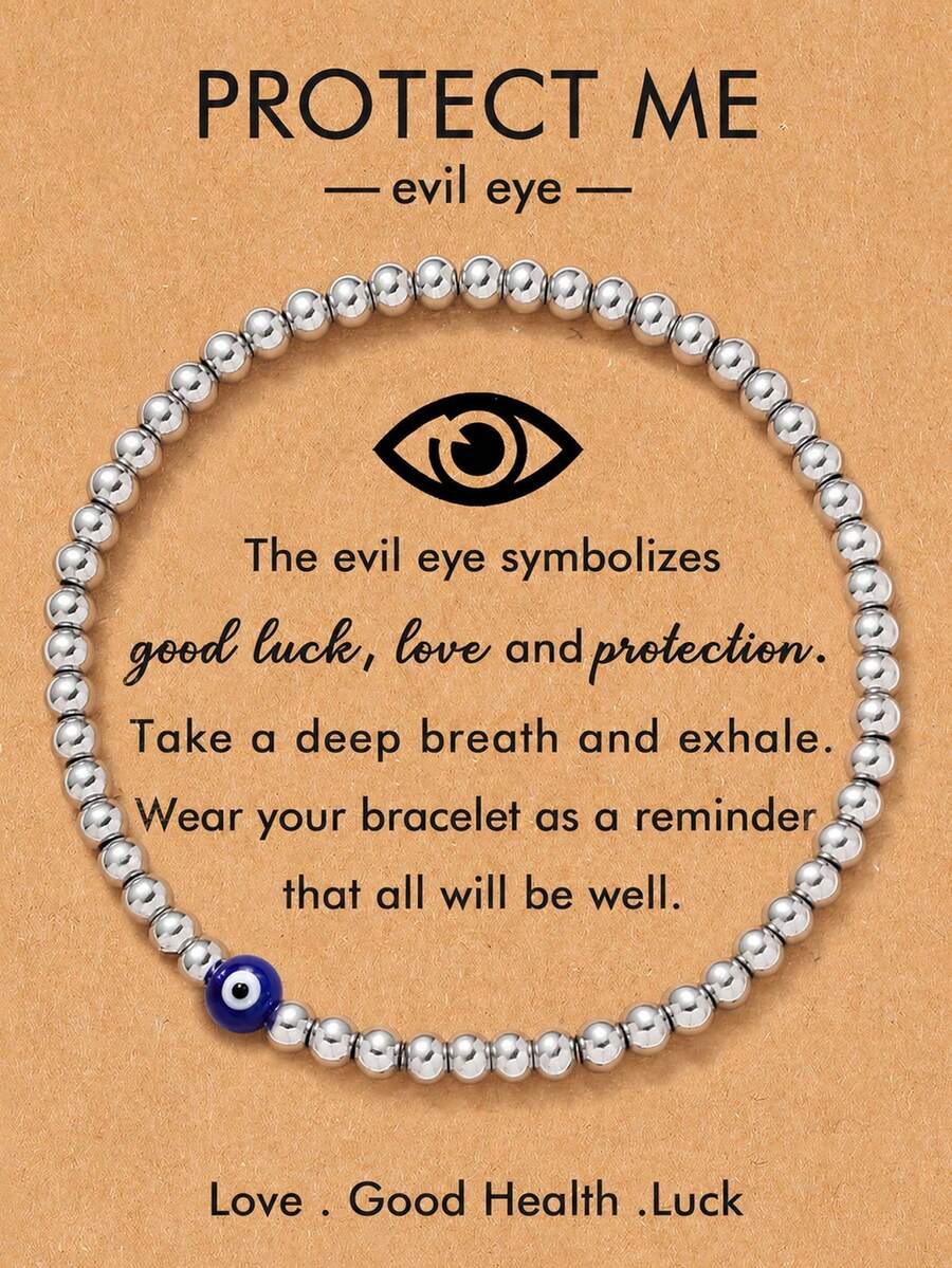 Evil Eye Lucky Protection Bracelet, Silver Beaded, Adjustable Elastic Cord, Minimalist Design, Gift For Mom, Grandma, Daughter, Sister - Suitable For Daily Occasions, All Seasons, Daily Wear Bracelet | Minimalist Bracelet | Elastic Bracelet - Black - View 1