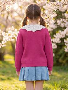 Tween Girl Knitted Embroidered Floral Collar Cardigan - Hot Pink - View 5