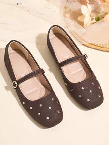 HFSHUNXY Flatjoy 2026 Y2K Style Autumn/Winter Women's New Brown Mary Jane Flats, Commuter Versatile, Elegant Fashion, Single Strap Buckle, Rivet Stud Design, Suitable For Punk, Biker, Cool Girls, Halloween, Christmas And Party Outfits - Brown - View 2
