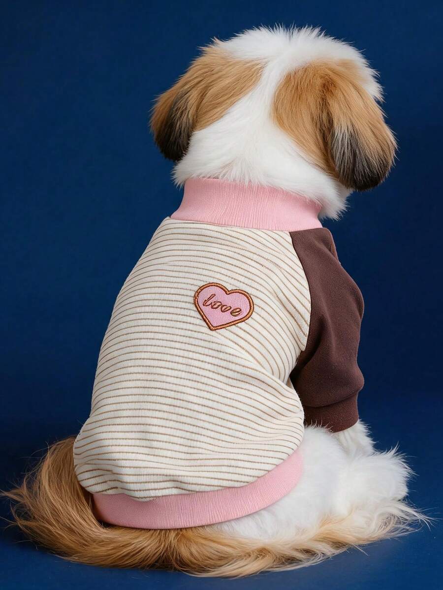 PETCIRCLE 1件寵物衣服 小狗幼犬可愛防風保暖簡約百搭親膚柔軟咖啡條紋愛心圓領毛衣 粉色 - 彩色 - 查看 1