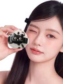 Amortals 1個豹貓造型絨毛化妝粉撲，適用於壓實定妝粉，超厚柔軟蓬鬆毛絨，大尺寸快速打造霧面妝感，粉末殘留清晰可見，可愛卡通化妝海綿，適合日常初學者定妝使用 - 淺灰色 - 查看 3