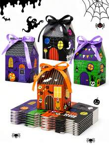 24/12/2pcs Halloween Candy Treat Boxes, Pumpkin Bat Ghost Party Packaging With Ribbon, Castle House Mini Halloween Party Favor Box, 4 Assorted House Designs, For Holiday Party Treat Cookie Goodie Snack Gift Packaging - Multicolor - View 2