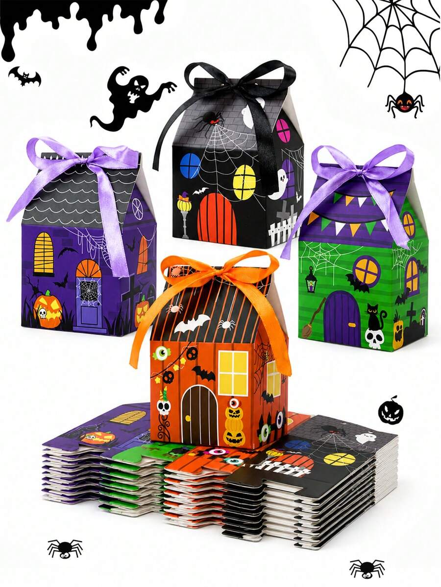 24/12/2pcs Halloween Candy Treat Boxes, Pumpkin Bat Ghost Party Packaging With Ribbon, Castle House Mini Halloween Party Favor Box, 4 Assorted House Designs, For Holiday Party Treat Cookie Goodie Snack Gift Packaging