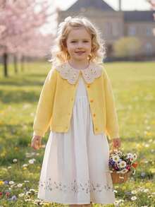 Tween Girl Knitted Embroidered Floral Collar Cardigan For Daily Wear - Yellow - View 4