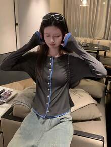 秋季新款女款韓式寬鬆2合1拼色拼接單排扣長袖防曬薄款開襟衫 - 深灰色 - 查看 4