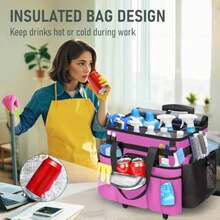 Cleaning Caddy With Wheels, X Large Rolling Caddy Bag With Detachable Trolley For Housekeepers, Water Resistant Cleaning Cart Supplies Organizer For Home, Car, Tool Organizer, Mobile Storage - Rose Red - View 5
