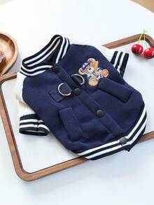 PETCIRCLE 1件裝寵物衣服 小狗幼犬可愛寵物秋冬款 便攜旅行可連接牽繩寵物夾克熊圖案棒球襯衫 - 海軍藍 - 彩色 - 查看 5
