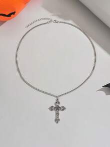 1pc Fashionable Personalized Elegant Cross Pendant Necklace, Suitable For Women's Daily Wear, Party, Vacation, Travel, Halloween Gift - Silver - View 6