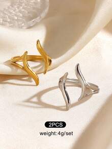 2PCS/1PC Stainless Steel Minimalist Fashion Geometric Line Wave Rings - Multicolor - View 10