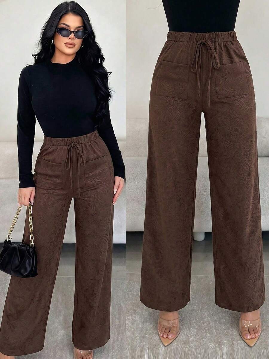 Brown Solid Textured Elastic Drawstring Wide Leg Long Pants With Double Patch Pockets High Waist Loose Floor-Length Casual Pants For Women - Coffee Brown - View 1