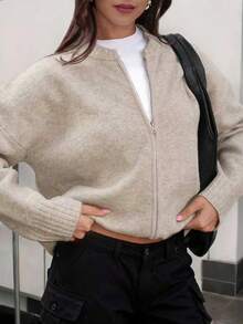 Plus Size Spring/Autumn New Solid Color Round Neck Zip-Up Knit Cardigan For Women, Loose Slouchy Korean Style Elegant Casual Top, Summer Top Fall - Apricot - View 1