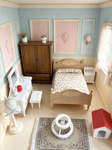1 Set 16.8cm 1:12 Dollhouse Miniature Vintage Pastoral Bedroom Full Set Combination, Belonging To Bedroom Rest And Storage Dollhouse Furniture; Free Planning Layout With Rich Atmosphere And Interesting Scenery, Suitable For Adult Women's Collection, Creating Integrated Bedroom Real Scene, Bedroom Full Set Interior Decoration, Creative Display Window Theme Exhibition, Desktop Atmosphere Panoramic Art Decoration - Multicolor - View 8
