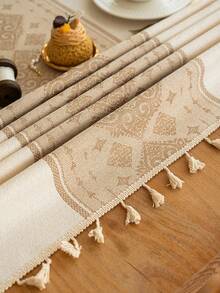 MineLain 1pc Vintage Jacquard Diamond Pattern Tablecloth, Coffee And Beige, Rectangular, Beige Tassel Decoration, Coffee Table, Cabinet, Small Square Table, Small Round Table Runner, Desktop Decoration, Daily Home Decor, Suitable For Country Farmhouse Kitchen, Dining Room, Gathering, Dinner, Party, Wedding, Holiday, Outdoor, Garden, Picnic, Camping Decoration, All Seasons, Autumn Decor - milk coffee color - View 2