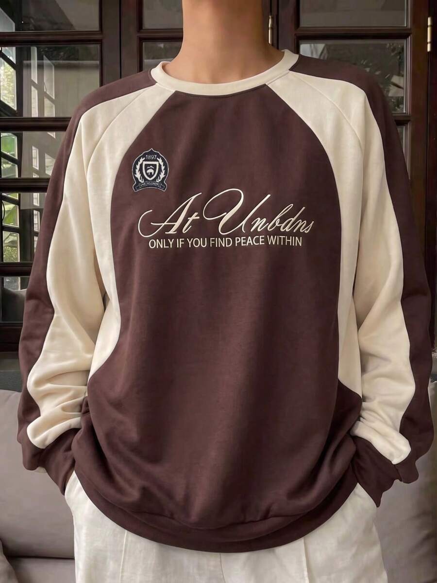1pc Girls' College Style Colorblock Crew Neck Sweatshirt, Spring/Autumn Letter Print Long Sleeve Top - Brown - View 1